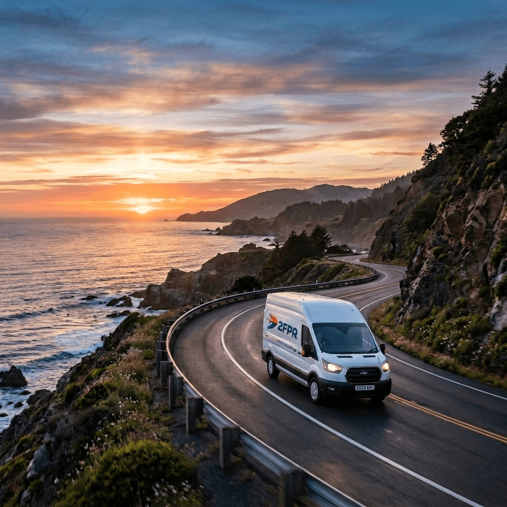 Fourgonnette sur la route au coucher de soleil